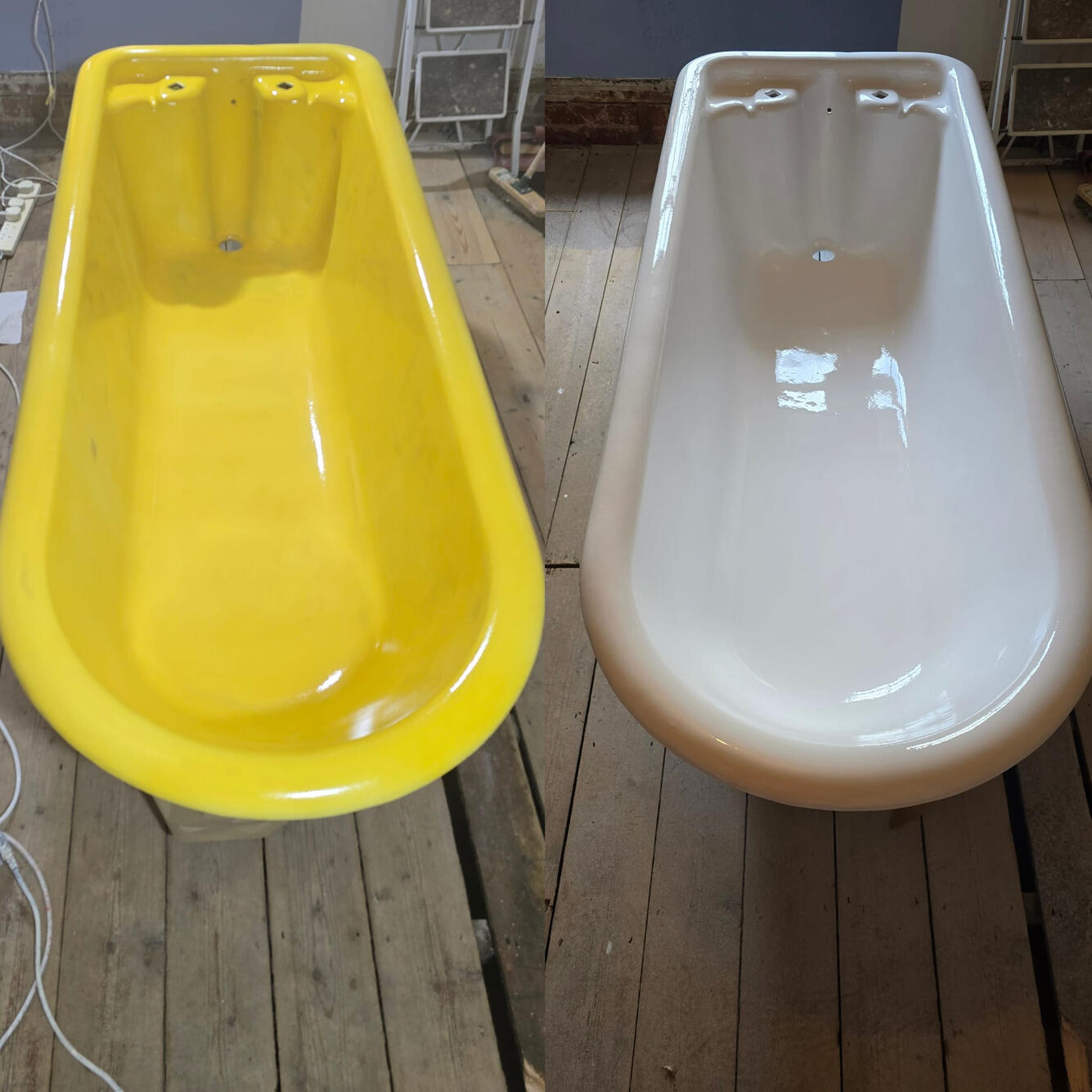 BEFORE AND AFTER PHOTOS OF A CAST IRON ROLL TOP BATH RE-ENAMELLED, Salisbury