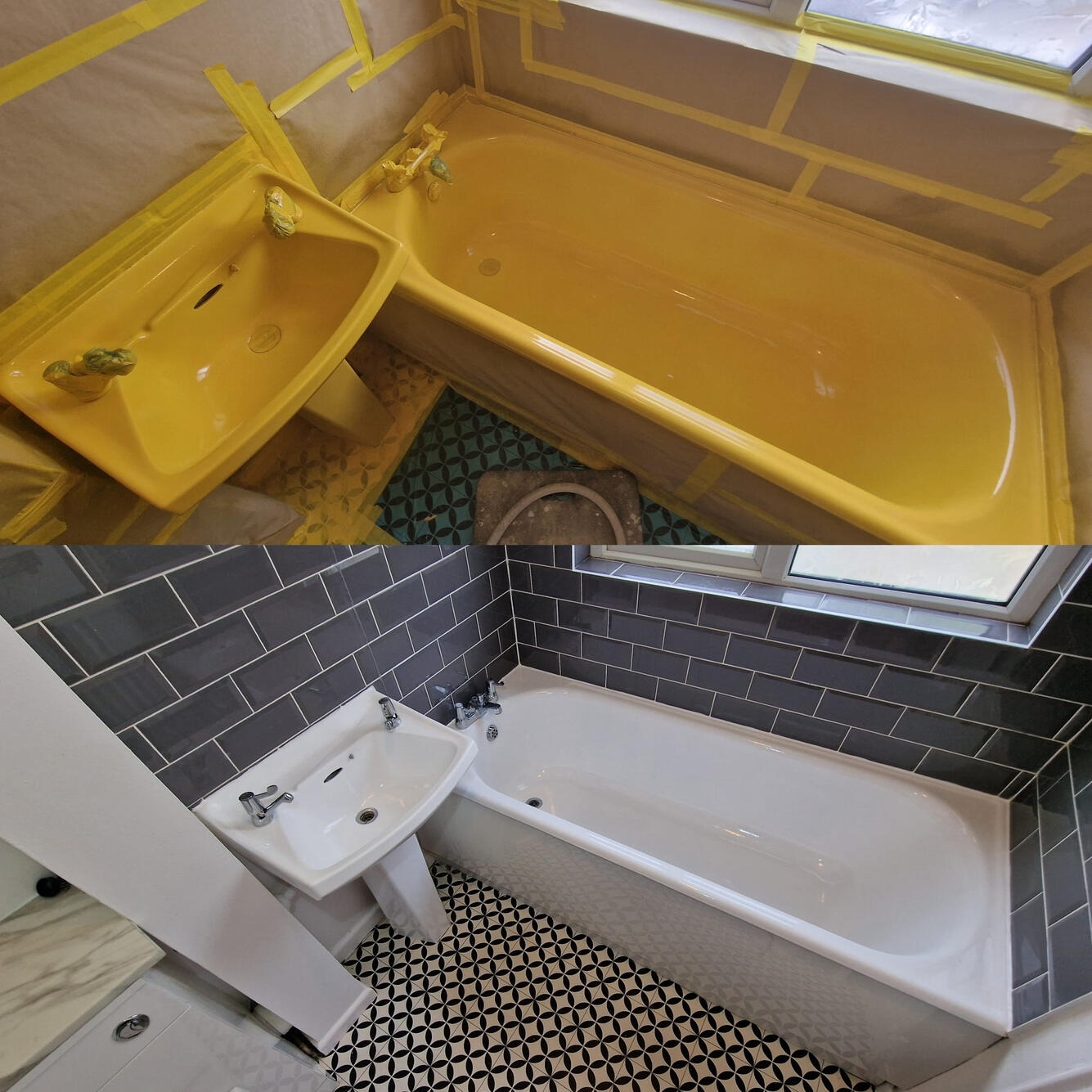 Before and after ceramic sink and steel bath re-enamelling in Bishopdown, Salisbury.