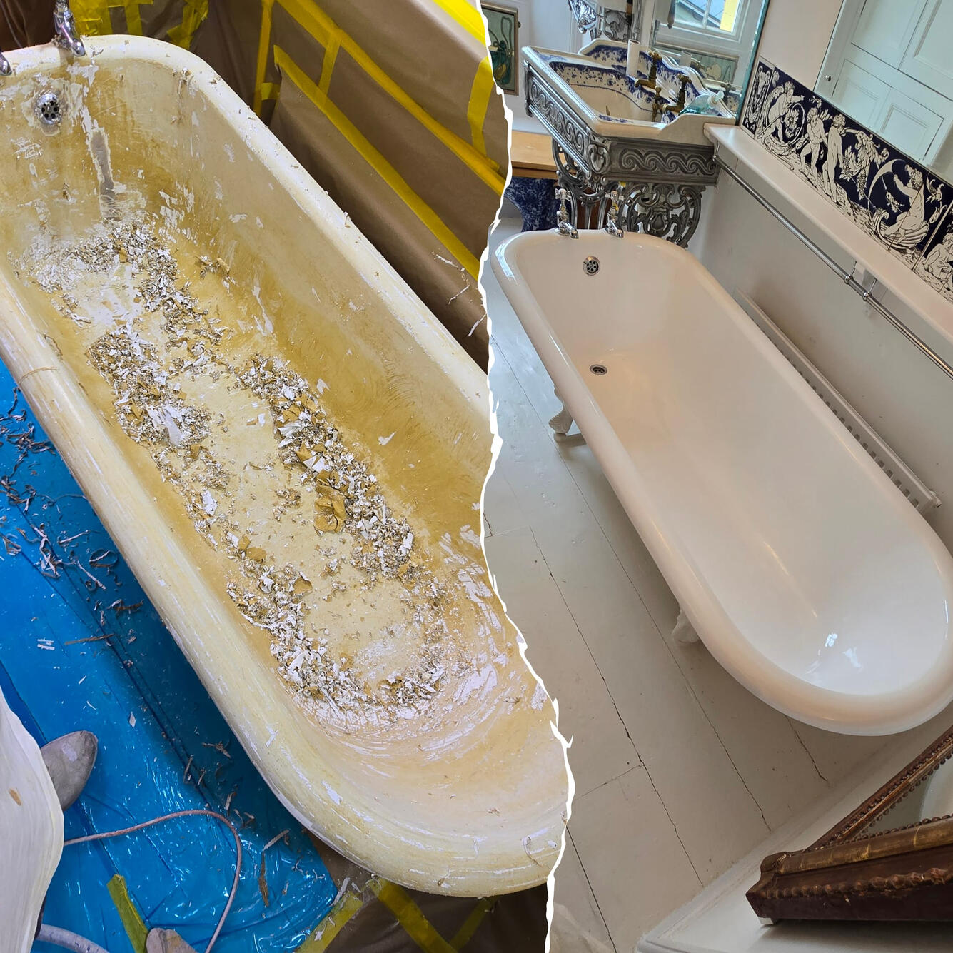 Before and after Victorian cast iron roll top bath re-enamelling in Harnham, Salisbury