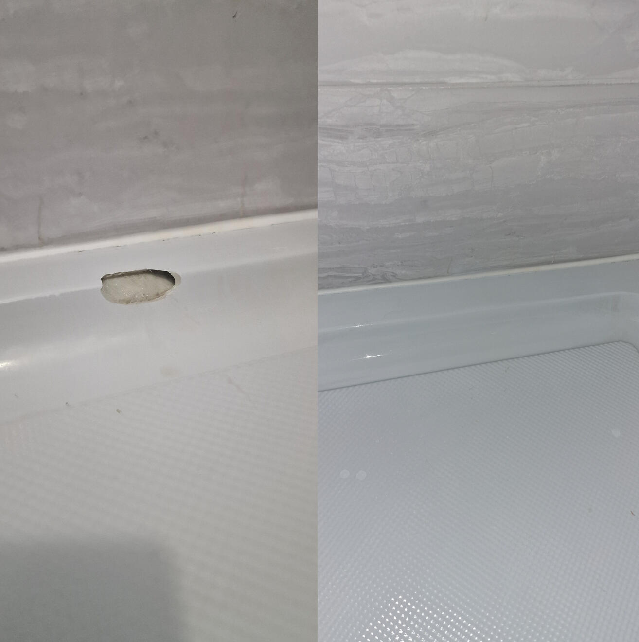 BEFORE AND AFTER PICTURES OF A STONE RESIN SHOWER TRAY CHIP REPAIR Before and after pictures of a shower Tray repair in Salisbury