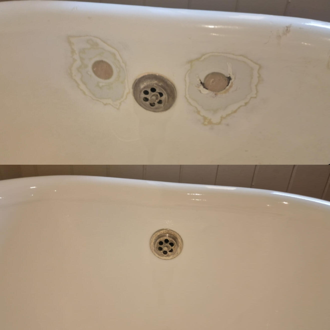Before and after cast iron bath tap holes filled and repaired in Salisbury
