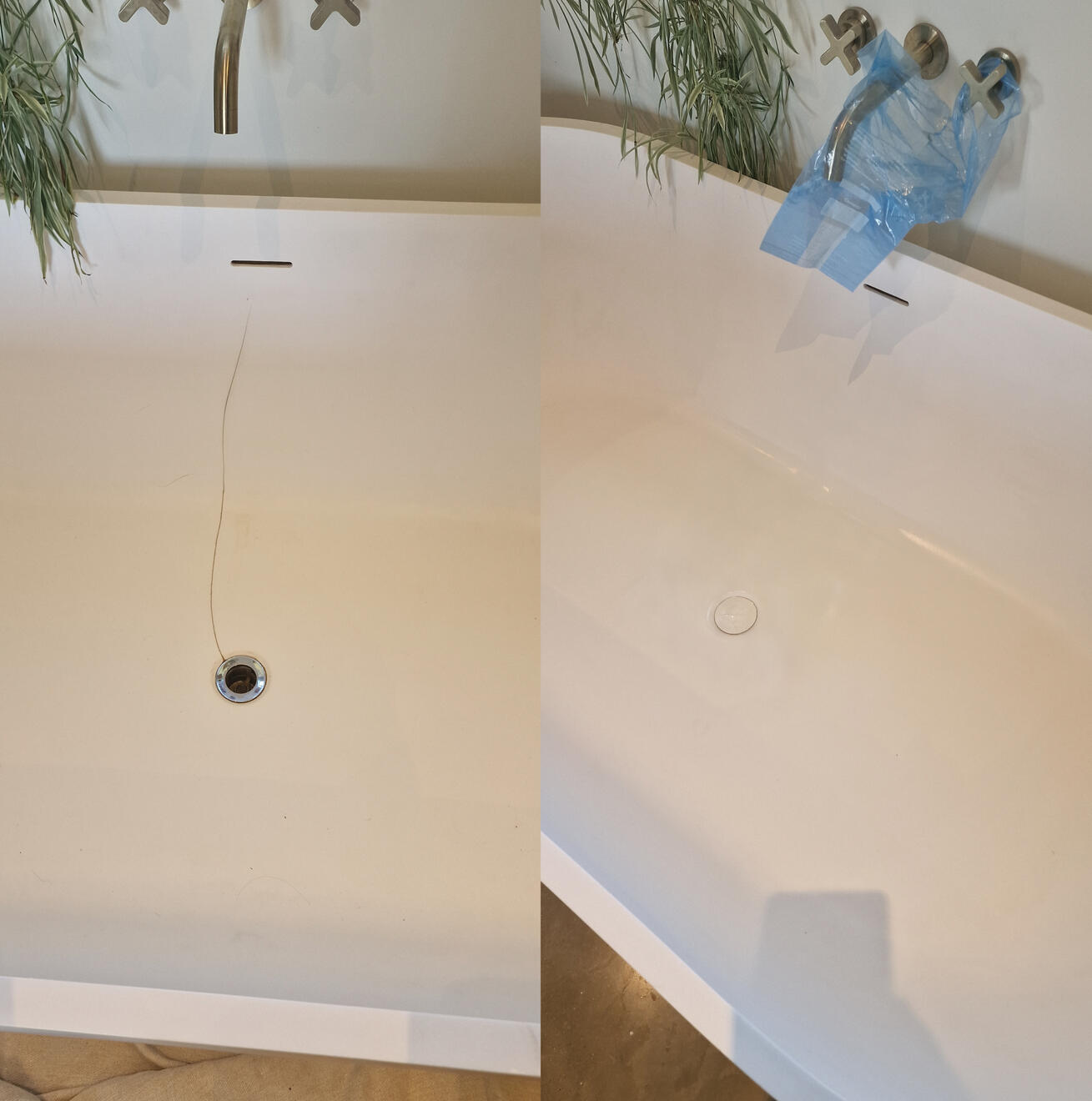 before and after pictures of a stone resin acrylic bath crack repair Reinforced stone resin bath crack repair in Salisbury