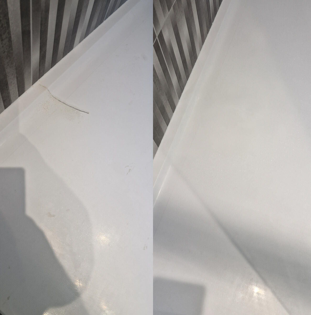 before and after pictures of a stone resin acrylic shower tray crack repair Reinforced shower tray crack repair in Salisbury