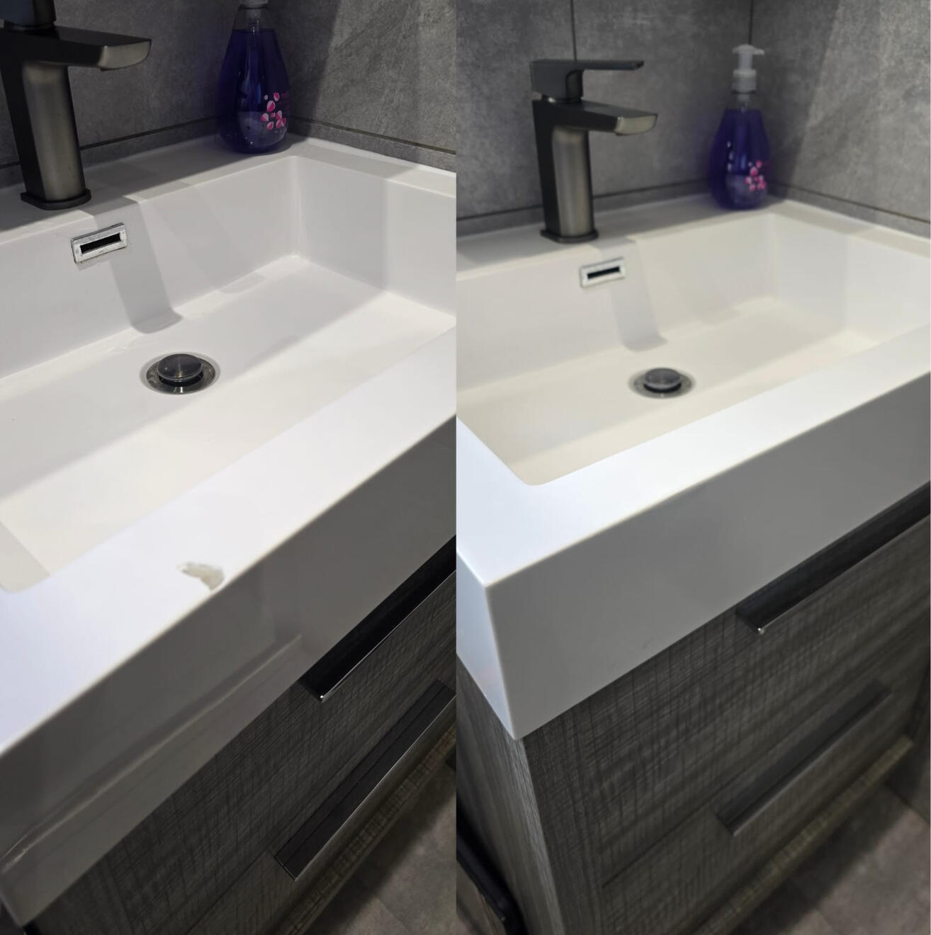 Before and after composite bathroom basin chip repair in Salisbury