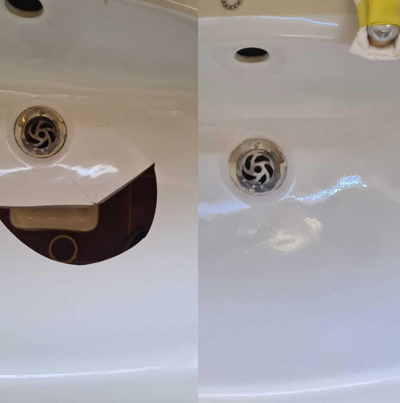 Before and after ceramic sink crack repair in Salisbury
