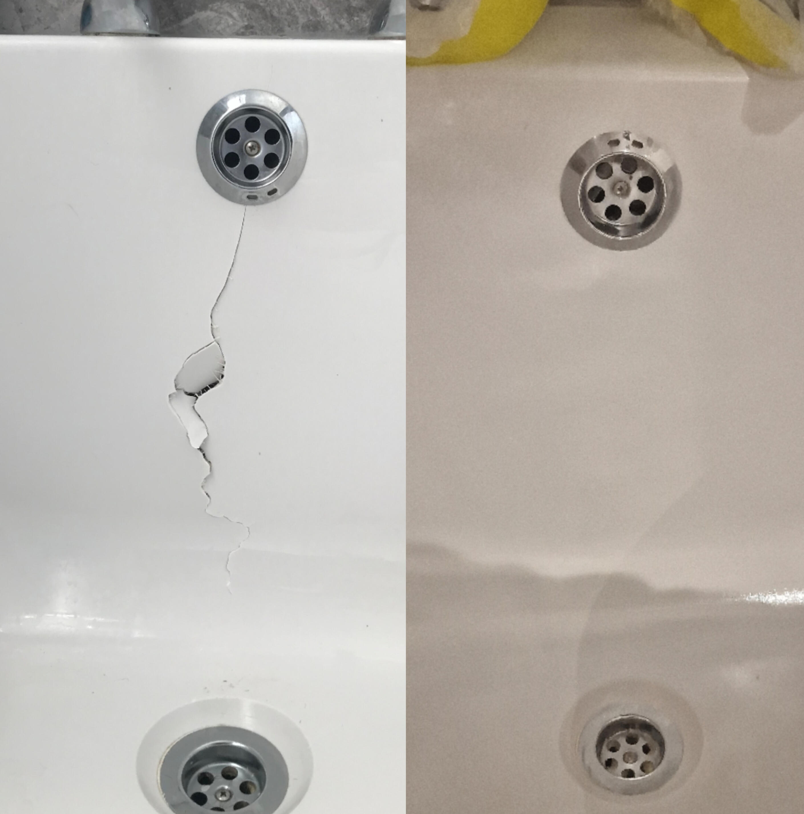 Before & After photos of an Acrylic Bath Crack Repair in Salisbury